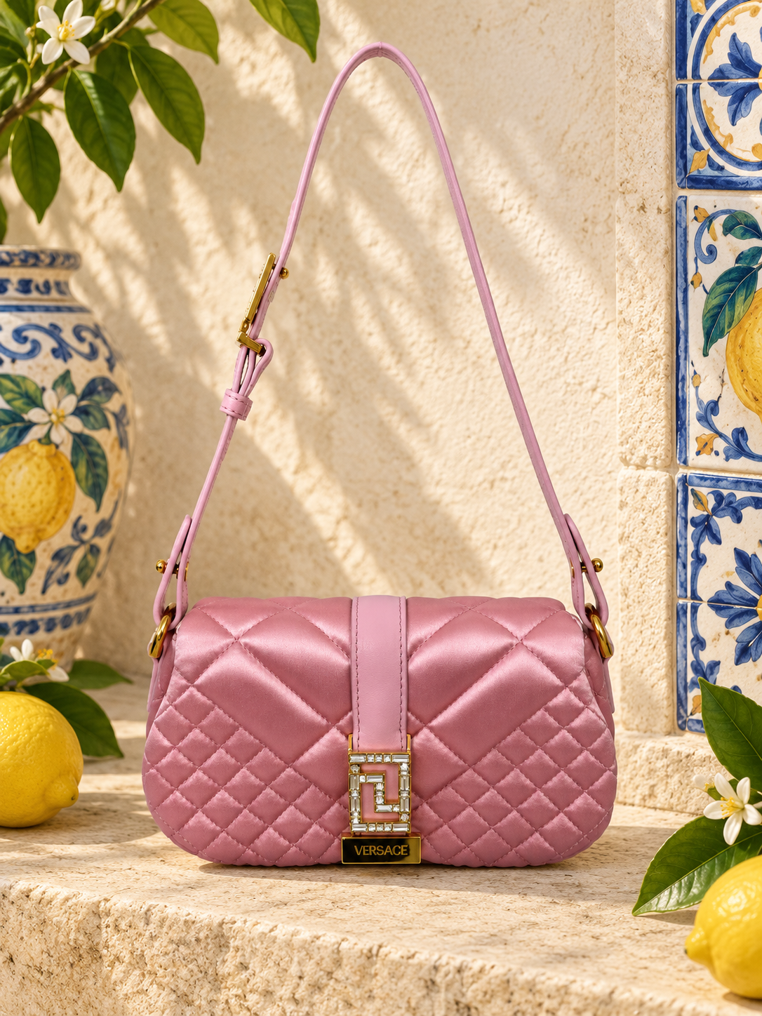 Versace Greca Goddess Quilted Satin Mini Shoulder Bag