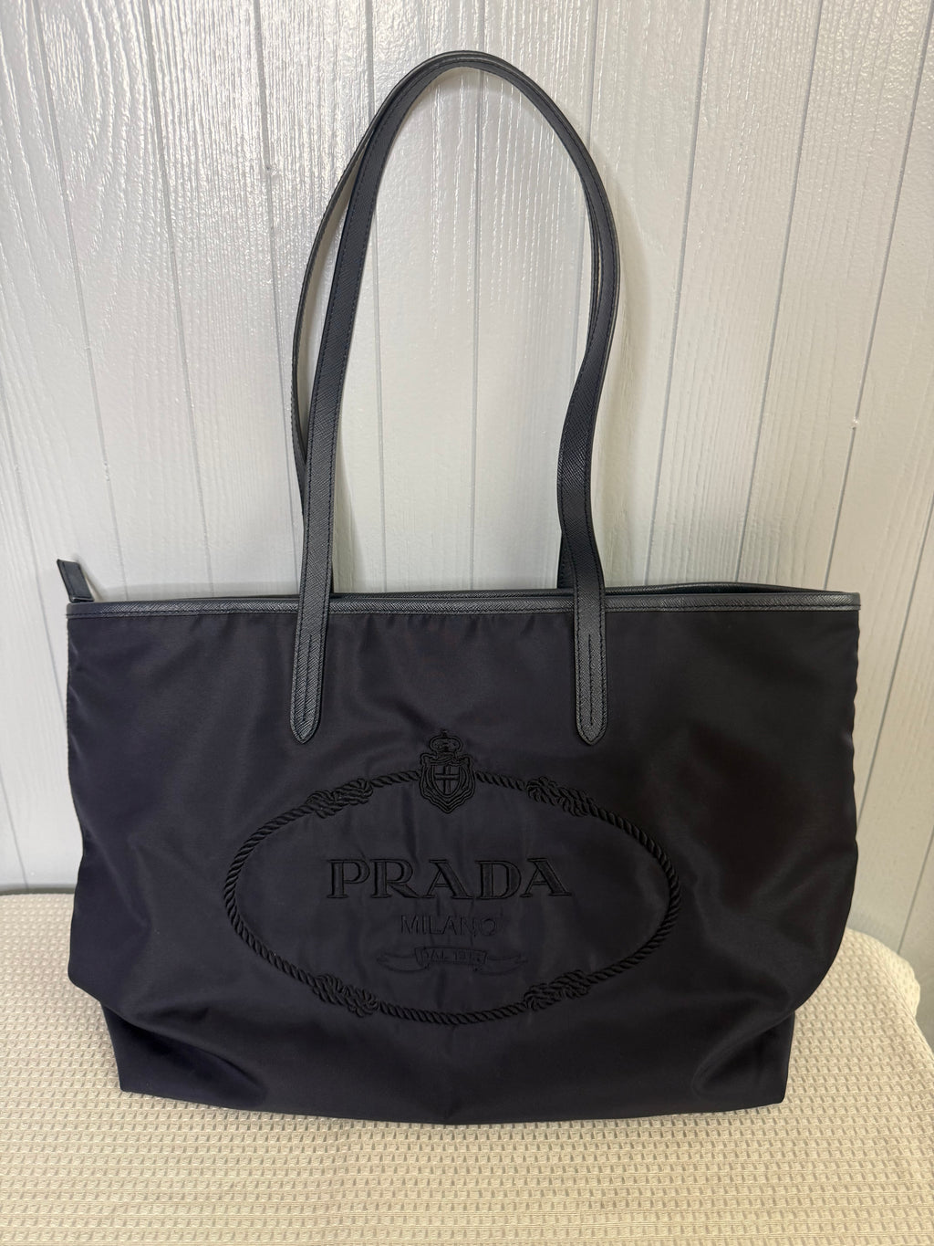 Prada Tessuto Nylon Embroidered Logo Tote