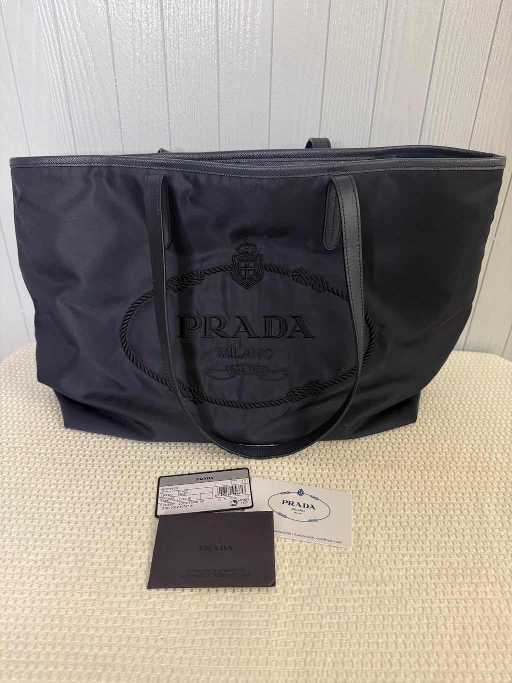 Prada Tessuto Nylon Embroidered Logo Tote