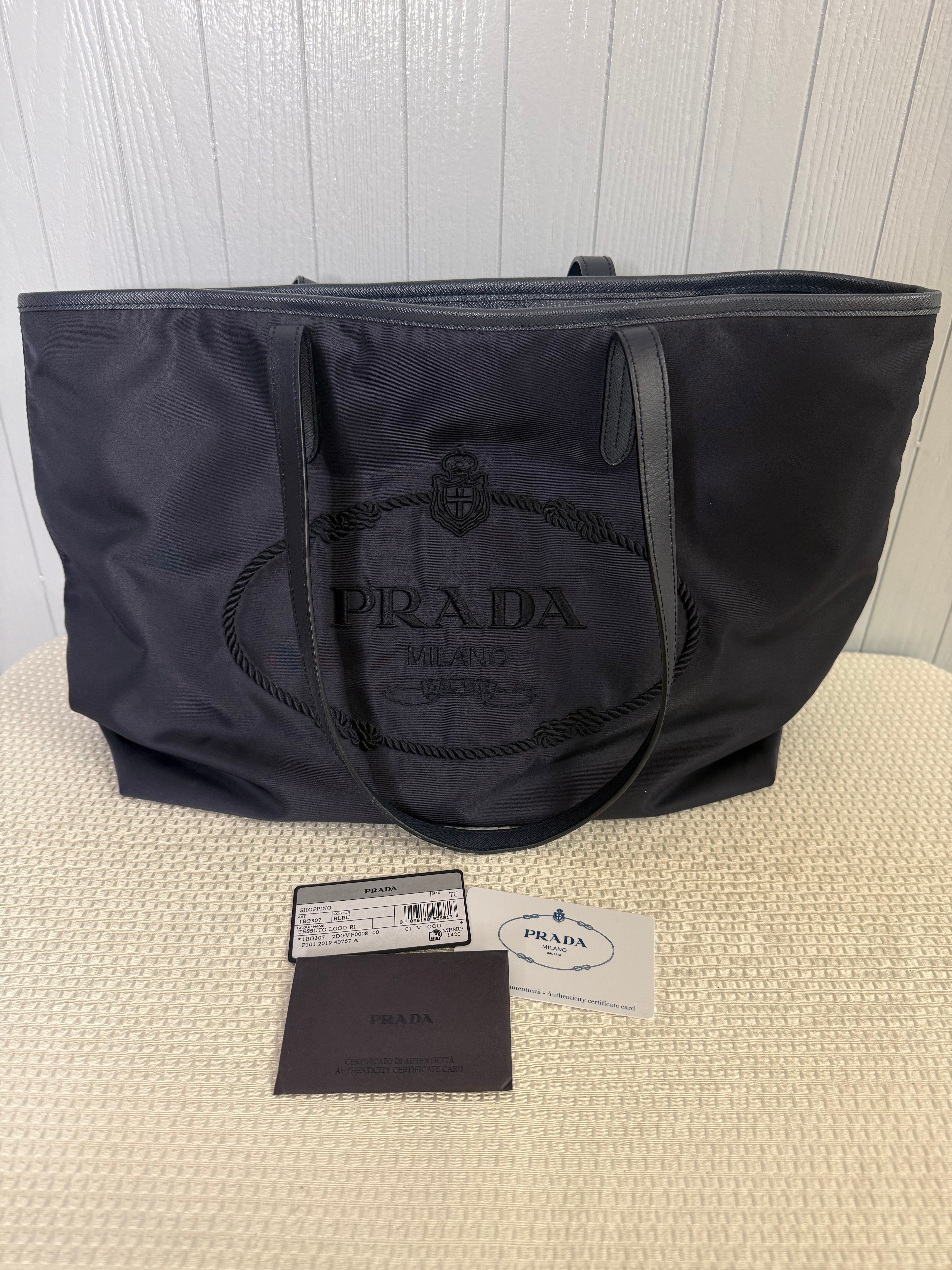 Prada Tessuto Nylon Embroidered Logo Tote